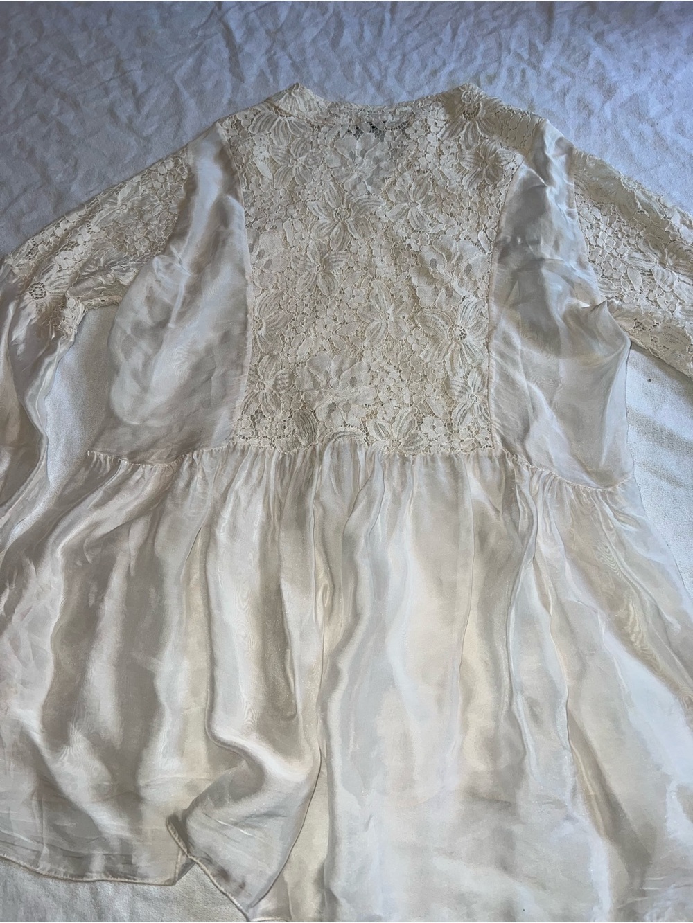 Off White Silk Lace Peasant Blouse - Women's Elegant V-Neck Top - Picture 3 of 15